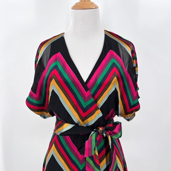 ALICE + OLIVIA Midi Dress Womens 2 Black Rainbow Multi Chevron Burnout Tie Waist - Picture 5 of 16